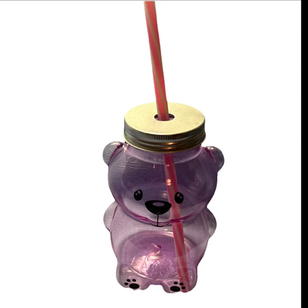 pack of 9 plastic pink clear bear-shaped cups w lids & straws party favor